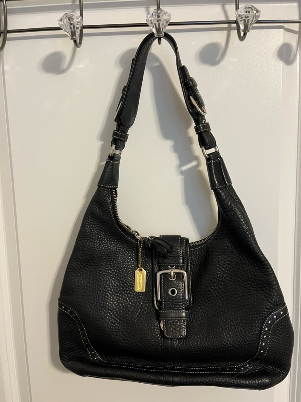 Coach Black Pebbled Leather Shoulder Hobo with Buckle Accent
